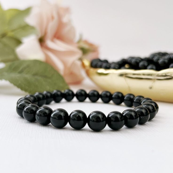 Black Tourmaline 8mm rounded beads bracelet - Stone of Protection, Grounding & Strength
