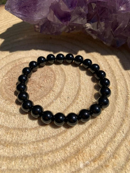 Black Tourmaline 8mm rounded beads bracelet - Stone of Protection, Grounding & Strength